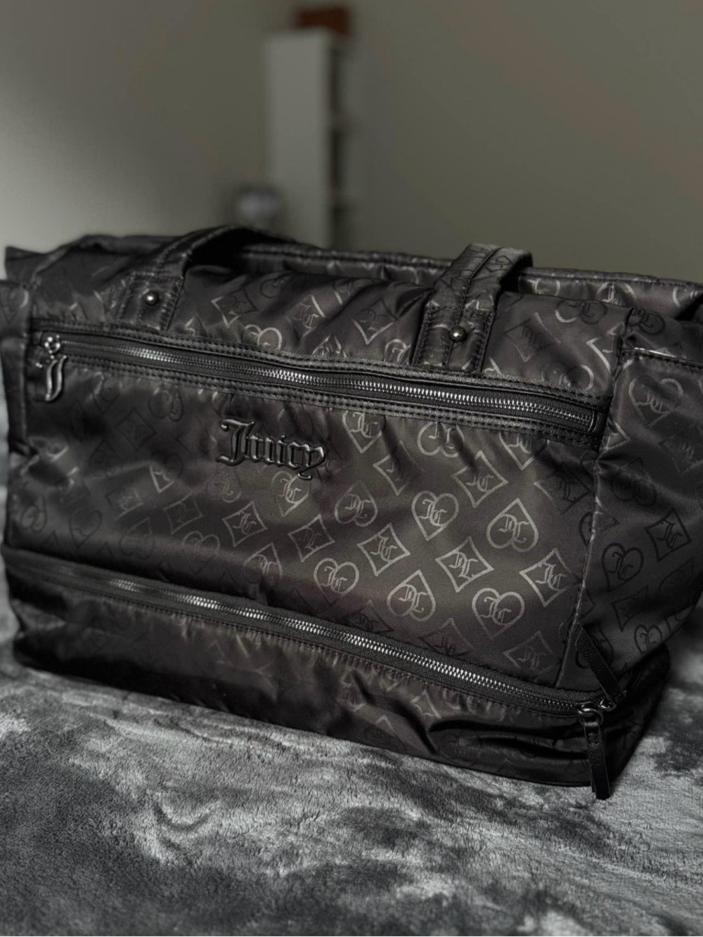 Juicy Couture Black Monogram Travel Bag with Logo Plaque